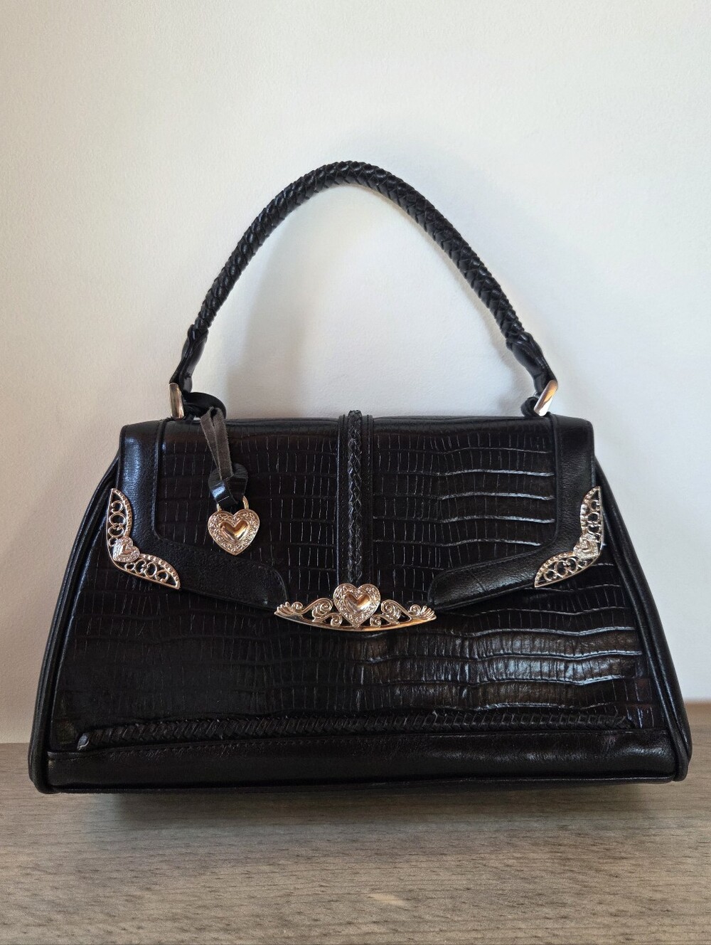 Black Faux Leather Clutch With Metal Heart Accents